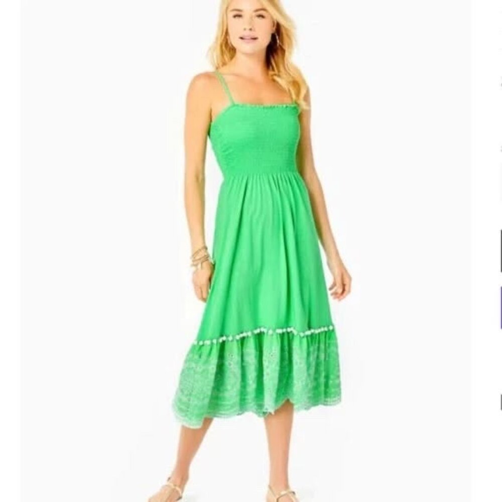 New Lilly Pulitzer Modesto Smocked Dress In Cabana Green